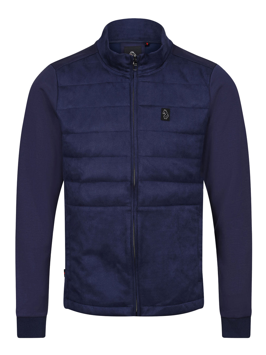 CROMWELL Premium Funnel Neck Zip Faux Suede Jacket In Dark Navy Blue