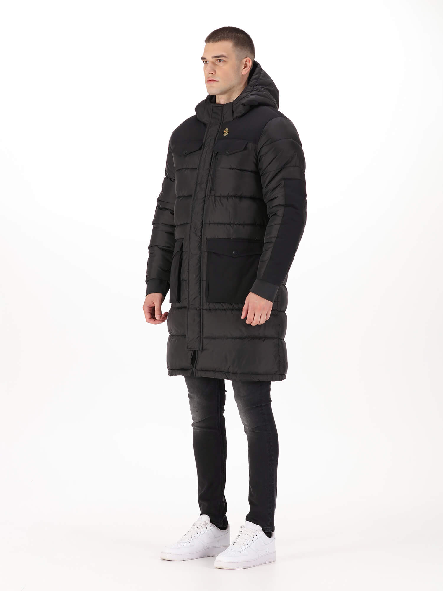 DREWARD Men s Long Line Padded Coat in Black with Detachable Hood Luke1977