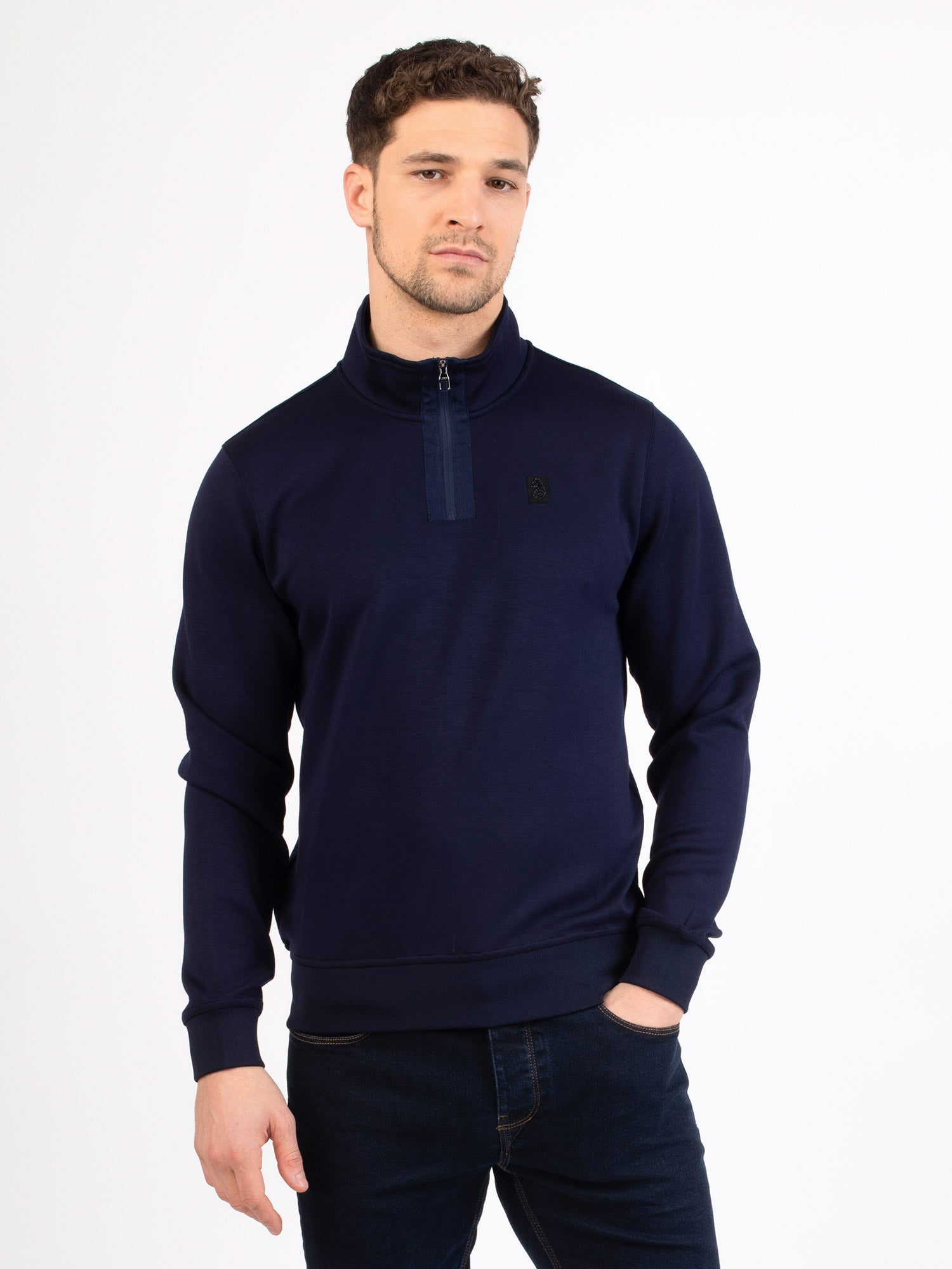 FULL HARDY Men's Quarter 1/4 Zip Sweat Sweatshirt In Dark Navy Blue ...