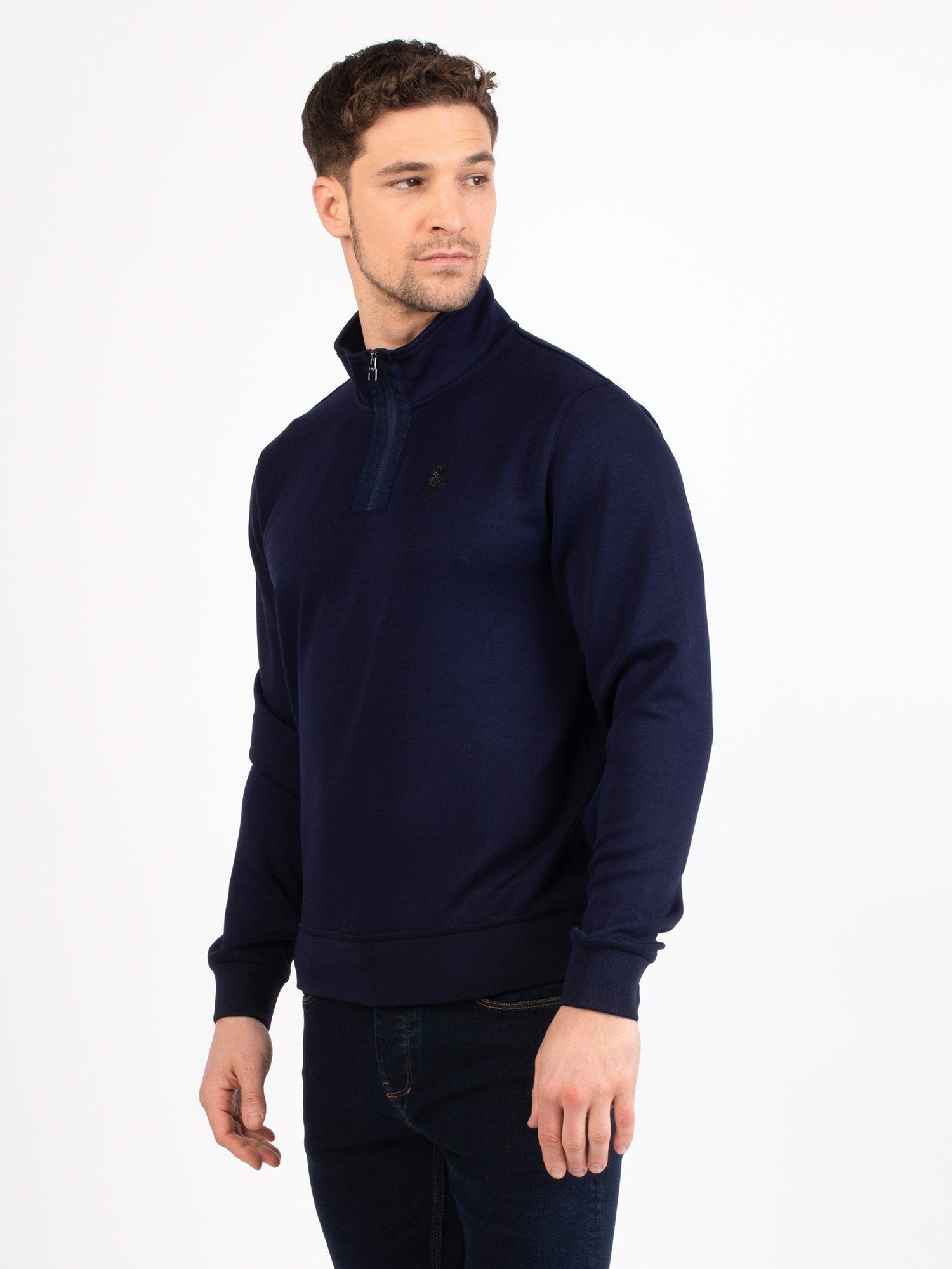 FULL HARDY Men's Quarter 1/4 Zip Sweat Sweatshirt In Dark Navy Blue ...